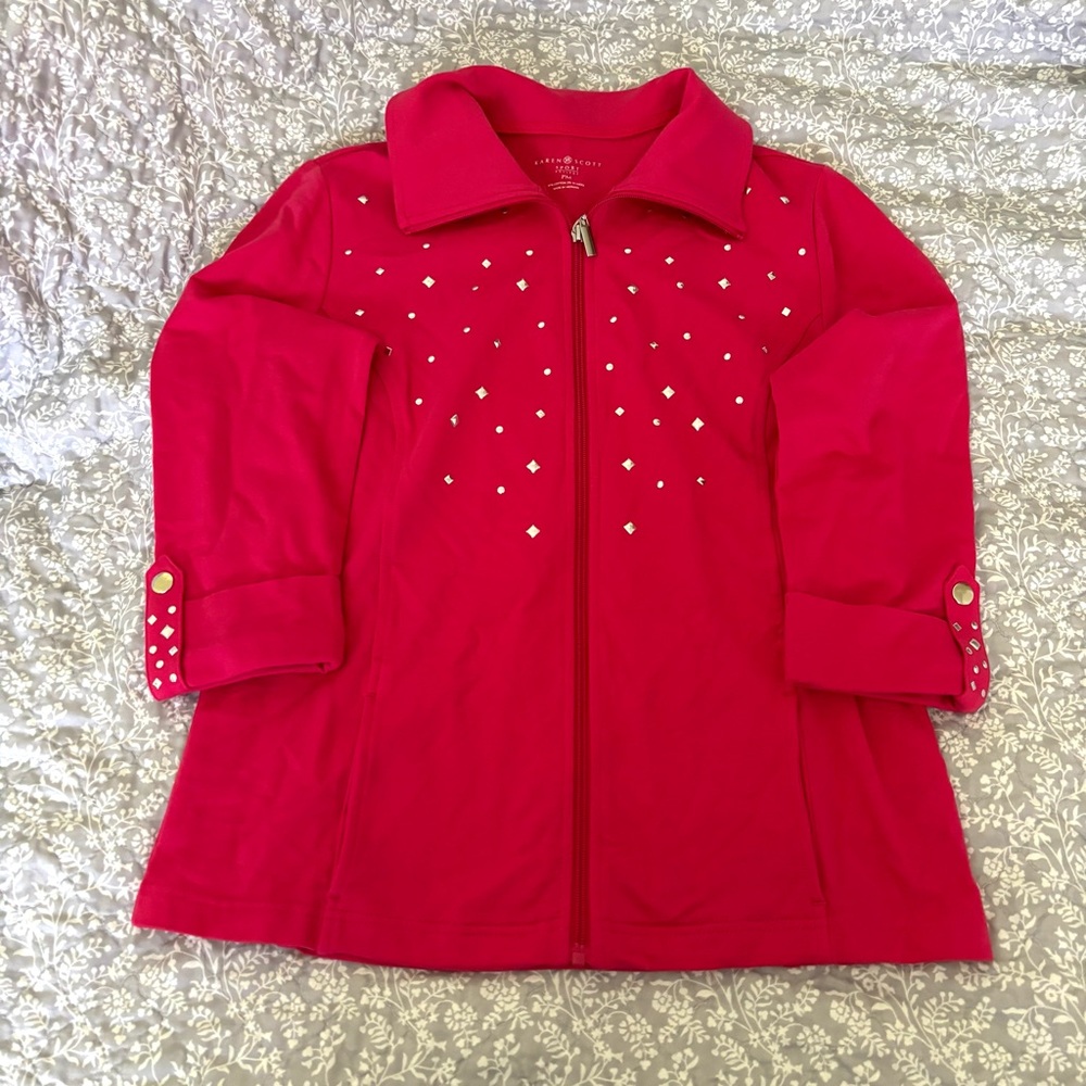 Beautiful Karen Scott Sport Full Zip Up Pink Rhinestone Jacket Petite Size M